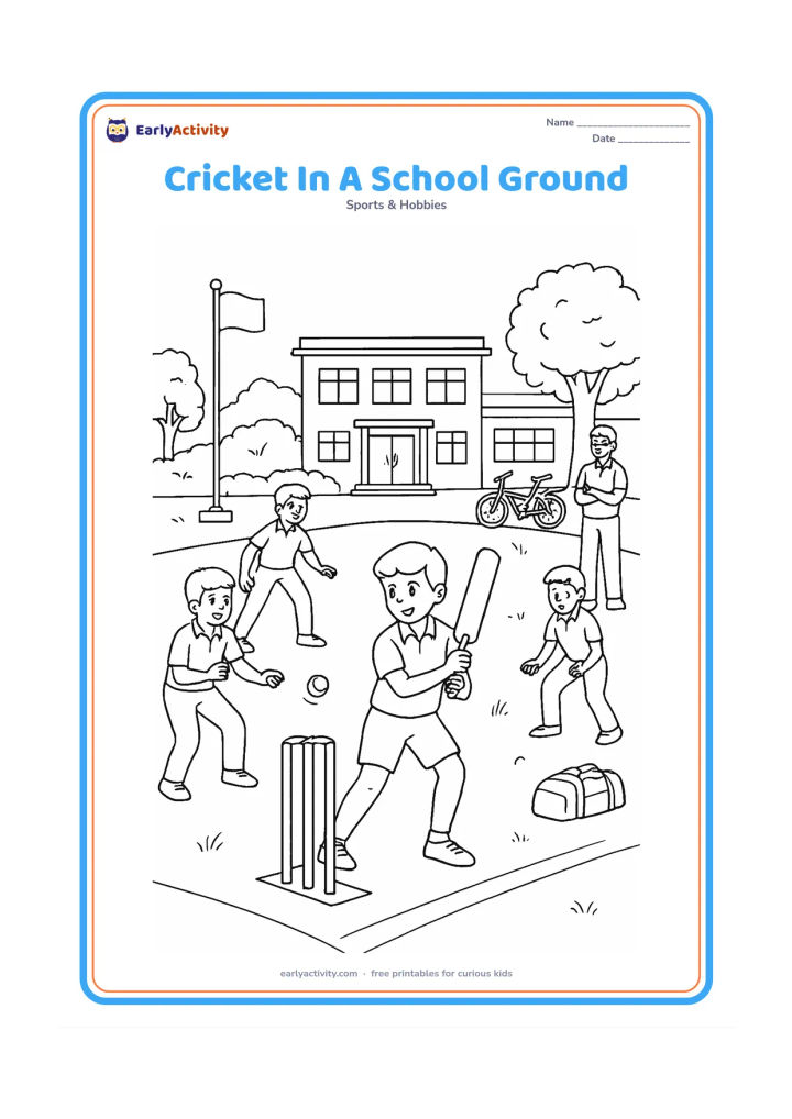 Colouring page: Children play cricket on a school sports ground in India, with a batter, bowler, wicketkeeper, fielders and a teacher watching from the edge. Show a school building, flagpole without a…