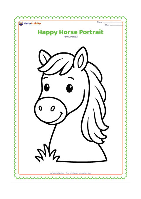 Colouring page: A friendly horse looks toward the viewer in a close head-and-neck view, with a full mane, two ears and a gentle expression. Add only a small grassy patch below the neck.