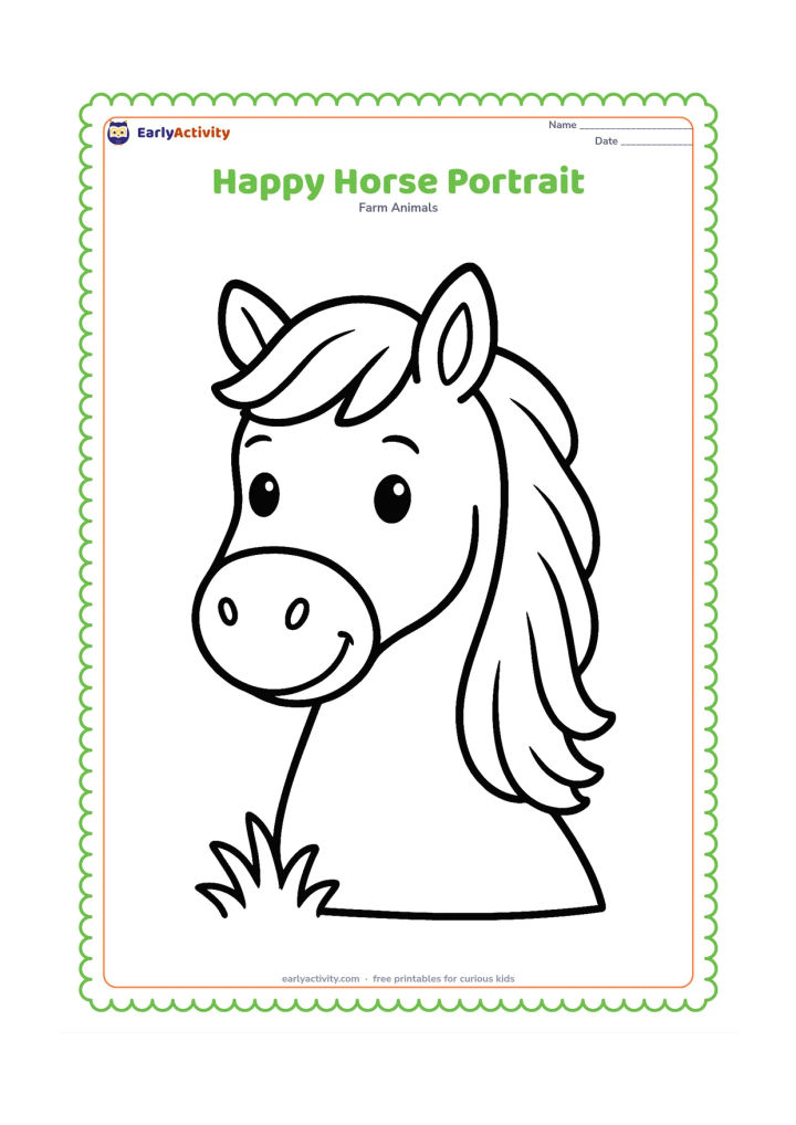 Colouring page: A friendly horse looks toward the viewer in a close head-and-neck view, with a full mane, two ears and a gentle expression. Add only a small grassy patch below the neck.