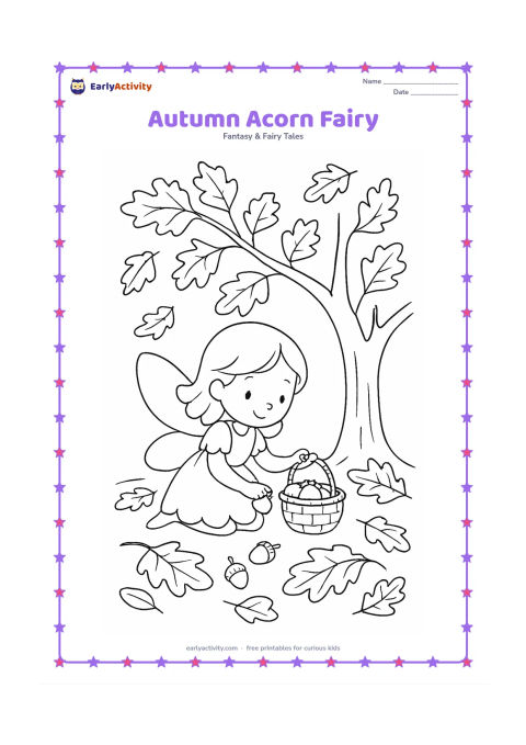 Colouring page: A fairy gathers acorns into a woven basket beneath an oak tree. Scatter fallen leaves around her and show several leaves still drifting from the branches.
