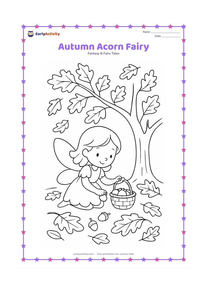 Colouring page: A fairy gathers acorns into a woven basket beneath an oak tree. Scatter fallen leaves around her and show several leaves still drifting from the branches.