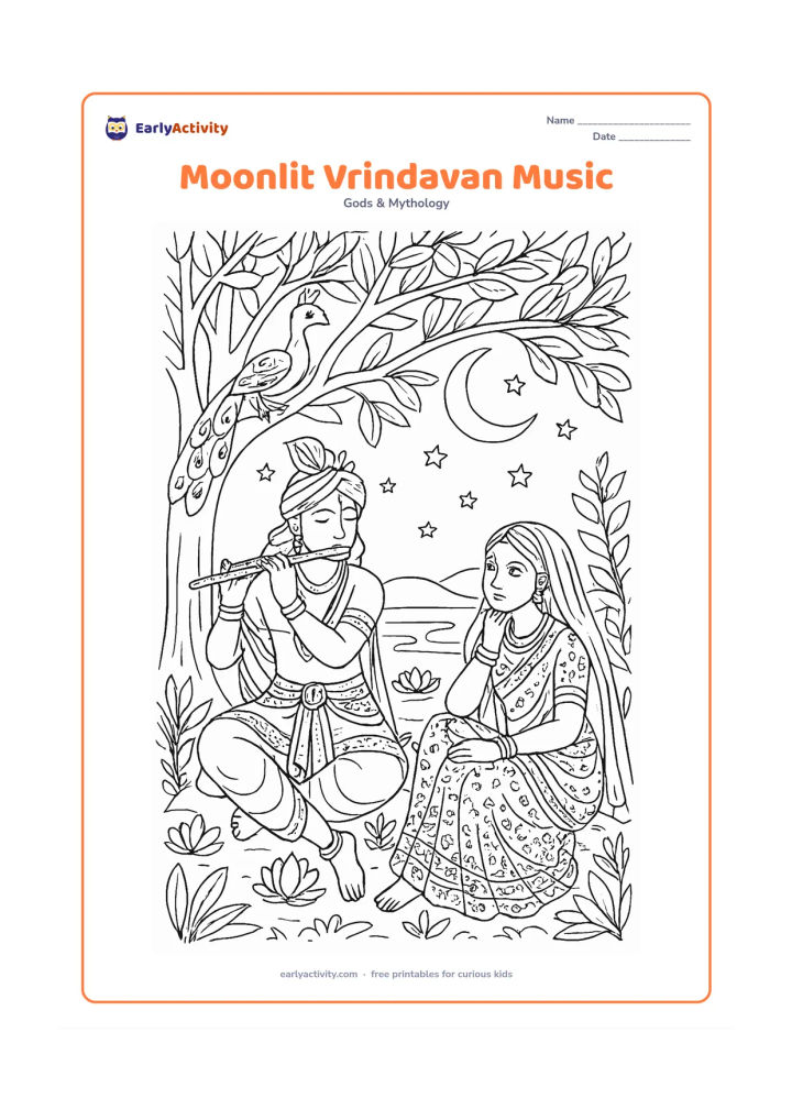 Colouring page: Draw Krishna playing his flute beneath a large tree while Radha listens beside a moonlit river. Include a crescent moon, stars, lotus flowers, a peacock resting on a branch, patterned…