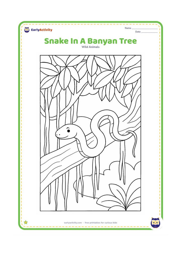 Colouring page: Draw a snake moving along a thick banyan branch with hanging aerial roots, layered leaves, and a small patch of sky behind it. The snake should be separate from the busiest roots.