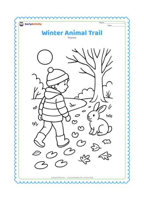 Colouring page: A child in a padded jacket follows small animal footprints along a woodland path, discovering a friendly rabbit near a bare tree. Add shrubs, fallen leaves and a low winter sun.