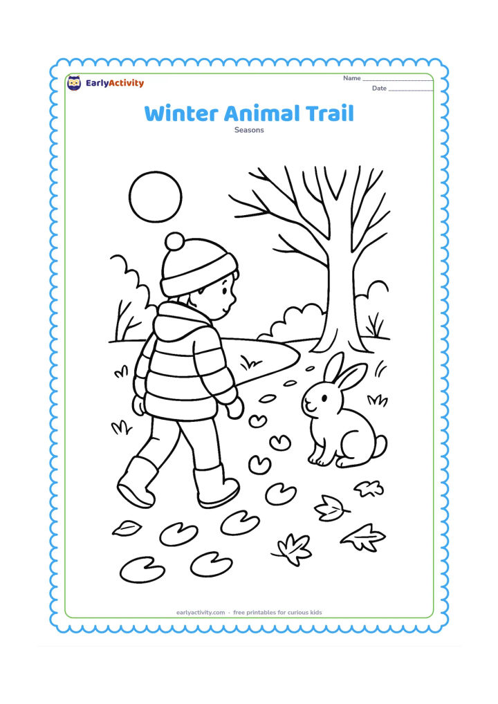 Colouring page: A child in a padded jacket follows small animal footprints along a woodland path, discovering a friendly rabbit near a bare tree. Add shrubs, fallen leaves and a low winter sun.