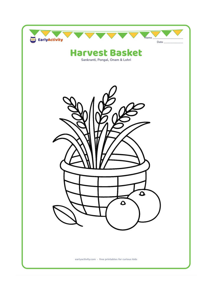 Colouring page: Draw a large woven harvest basket filled with rice stalks and two round fruits, placed on the ground beside a simple leaf. Show only a few broad weave lines.
