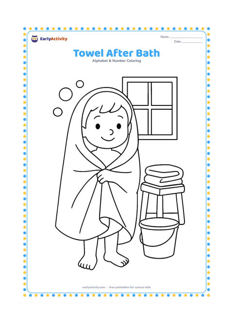 Colouring page: Draw a child wrapped in a large towel after a bath, standing beside a stool with folded towels and a bucket. Add a few soap bubbles and a simple bathroom window.