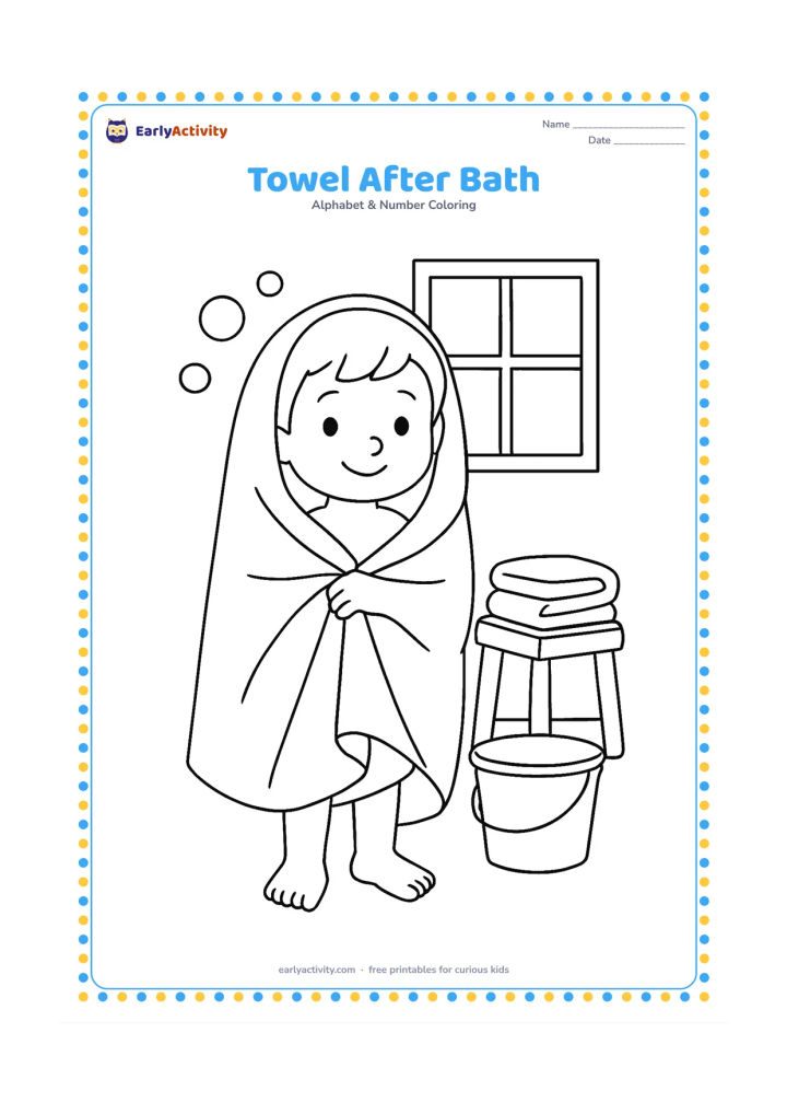 Colouring page: Draw a child wrapped in a large towel after a bath, standing beside a stool with folded towels and a bucket. Add a few soap bubbles and a simple bathroom window.