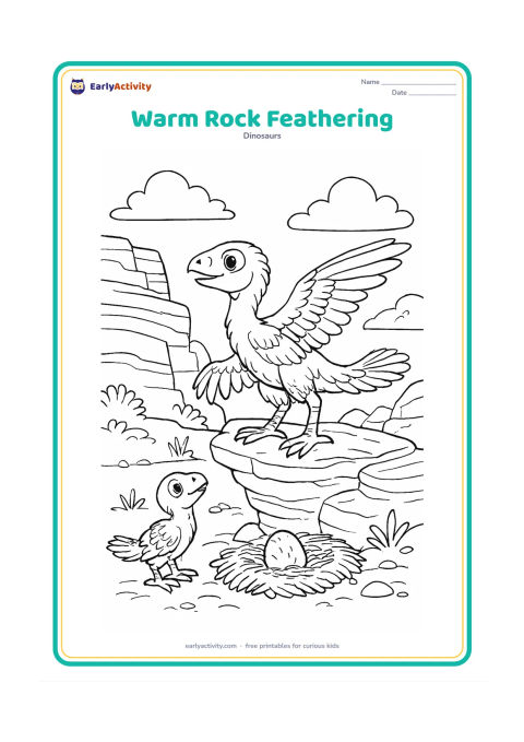 Colouring page: Draw a feathered baby dinosaur stretching on a sun-warmed rock while another hatchling watches from below. Add layered rock faces, small plants, a nest and distant clouds.