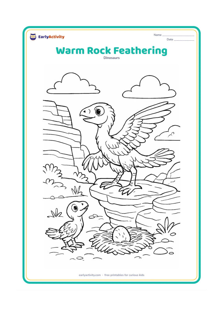 Colouring page: Draw a feathered baby dinosaur stretching on a sun-warmed rock while another hatchling watches from below. Add layered rock faces, small plants, a nest and distant clouds.