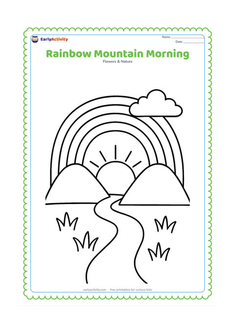 Colouring page: Draw a broad rainbow above two rounded mountains, a large rising sun and a simple foreground path. Add one cloud and a few oversized grass tufts.
