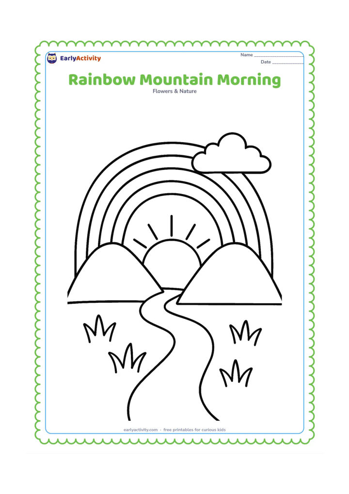 Colouring page: Draw a broad rainbow above two rounded mountains, a large rising sun and a simple foreground path. Add one cloud and a few oversized grass tufts.