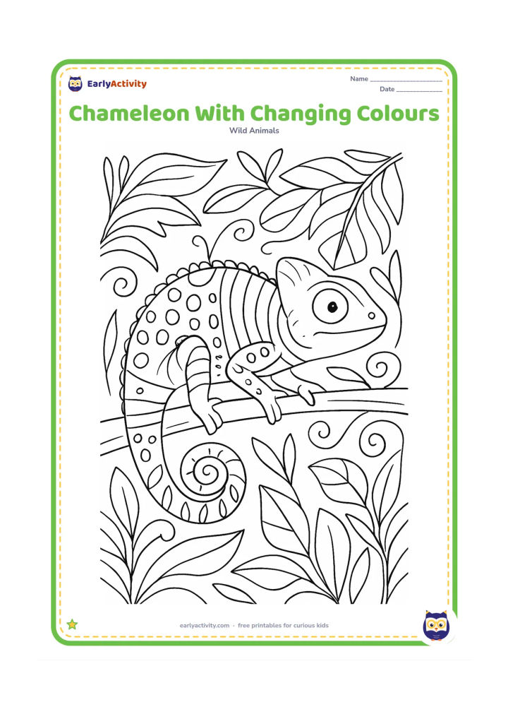 Colouring page: Show one chameleon stretched across a branch with sections of its body containing different decorative patterns, including spots, stripes, dots and leaf-like shapes. Surround it with…
