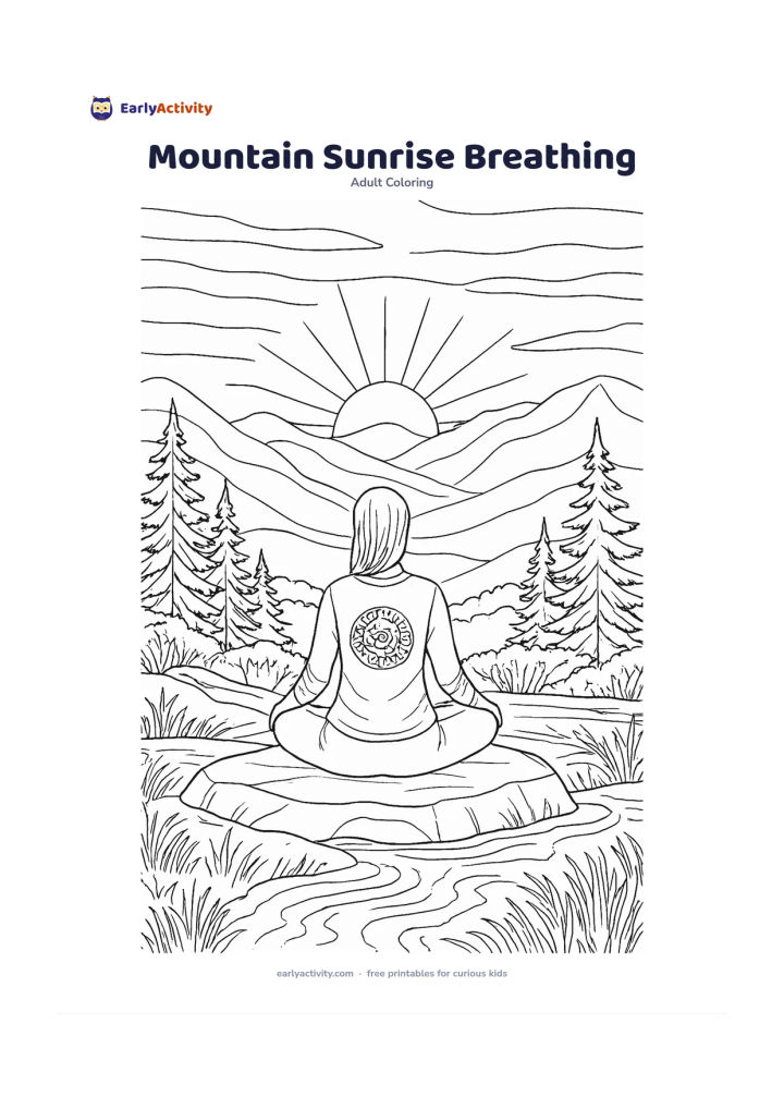 Colouring page: A person seated cross-legged on a flat rock, facing layered mountains as the sun rises behind them. Surround the scene with pine trees, grasses, calm cloud bands and a small stream with…