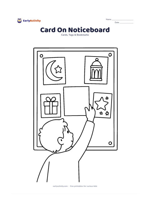 Worksheet: Several decorated Eid cards are pinned on a classroom noticeboard, showing moons, lanterns, gifts, and stars, while one child reaches up to add another blank card. Leave the central card…