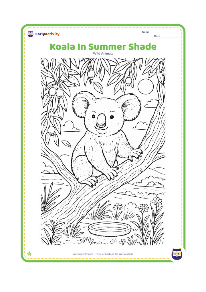 Colouring page: A koala stands on a wide branch beneath a leafy eucalyptus canopy on a bright summer day, with dappled sunlight falling across its fur. Build a detailed outdoor scene with layered bark,…