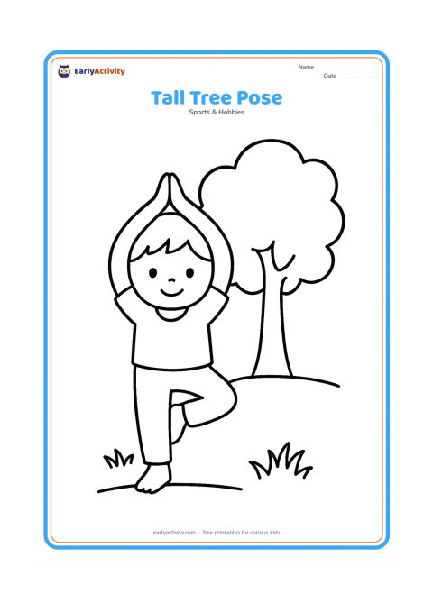 Colouring page: A child balances on one leg with the other foot resting low against the standing leg and hands together above the head. Show a simple patch of grass and one large tree in the background.