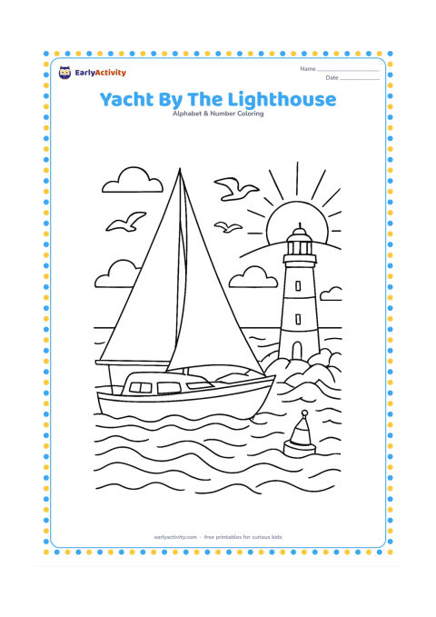 Colouring page: Draw a yacht sailing past a lighthouse on a rocky coast at sunset, with seabirds, rolling waves, a small buoy, and distant clouds.