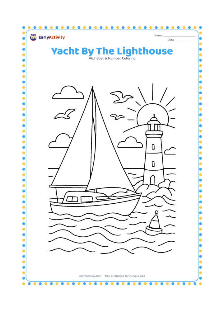 Colouring page: Draw a yacht sailing past a lighthouse on a rocky coast at sunset, with seabirds, rolling waves, a small buoy, and distant clouds.
