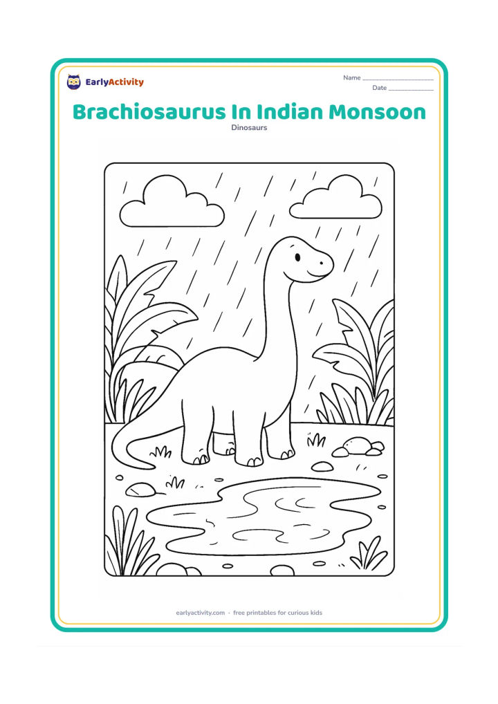 Colouring page: A friendly brachiosaurus stands beside a broad pond during a gentle monsoon shower, surrounded by banana-like prehistoric leaves, tall grasses and smooth stones. Add puddles and soft…