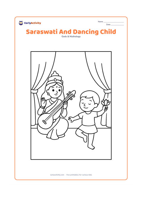 Colouring page: Saraswati watches a child making a simple dance pose while holding a small lotus. Place them on a plain stage-like floor with two large decorative curtains and no symbols or text.