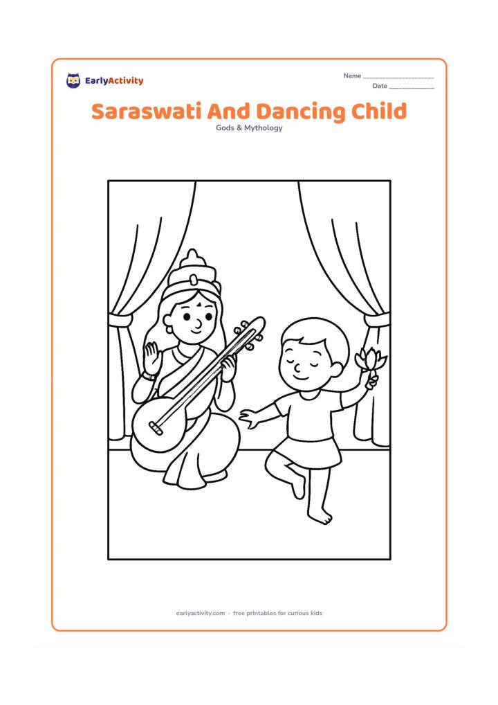 Colouring page: Saraswati watches a child making a simple dance pose while holding a small lotus. Place them on a plain stage-like floor with two large decorative curtains and no symbols or text.