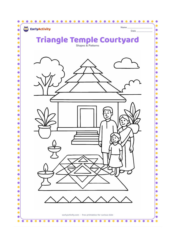 Colouring page: Draw a peaceful Indian courtyard with a building featuring layered triangular roof forms, a rangoli of repeated triangles, steps, lamps, plants, and a family standing nearby. Keep all…