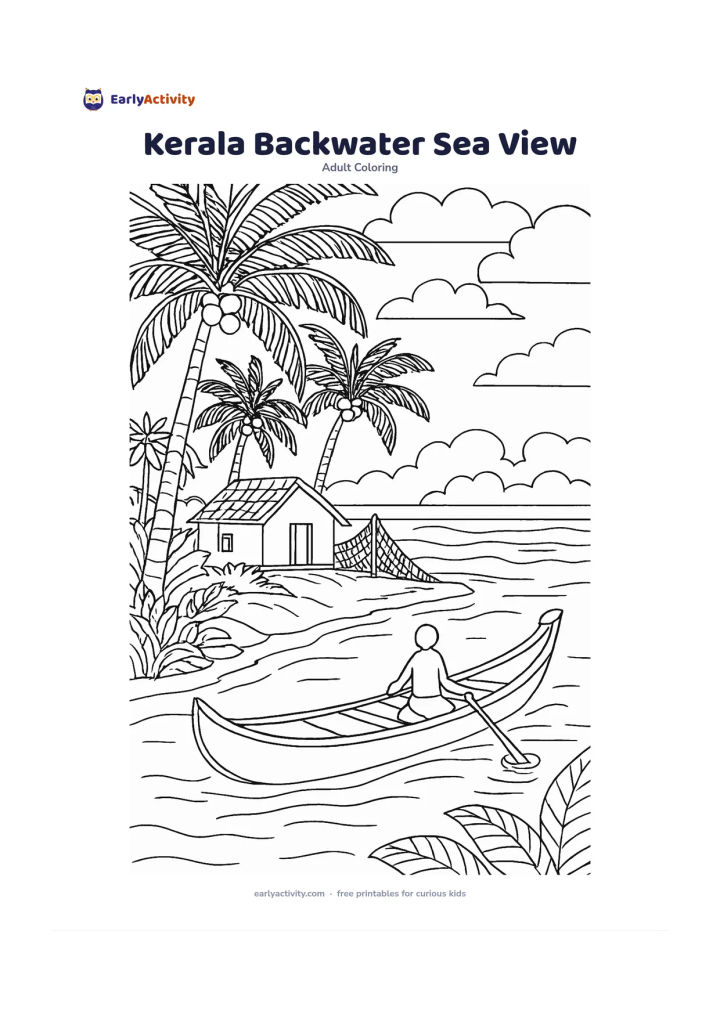Colouring page: A traditional Kerala-style canoe travels along a calm waterway opening toward the sea, with coconut palms, a simple waterside home, a fishing net and distant coastal waves. Keep the…