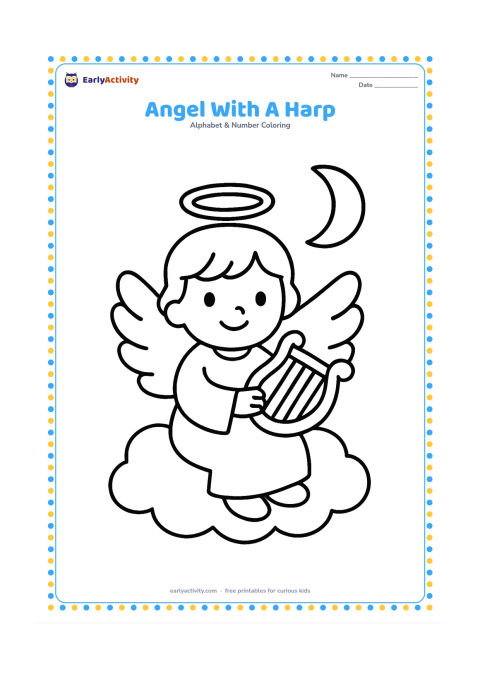 Colouring page: Draw a friendly childlike angel sitting on a soft cloud and holding a simple harp. Add two large wings and a crescent moon in the background.