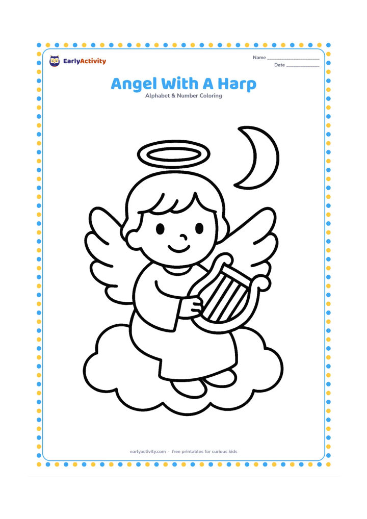 Colouring page: Draw a friendly childlike angel sitting on a soft cloud and holding a simple harp. Add two large wings and a crescent moon in the background.
