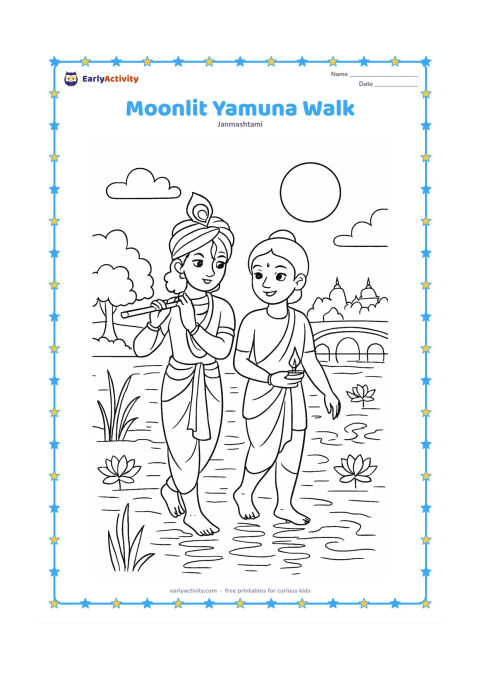 Colouring page: Draw Krishna and one friend walking beside the Yamuna under a full moon, with Krishna carrying a flute and the friend carrying a small lamp. Include reeds, lotus flowers, a bridge,…