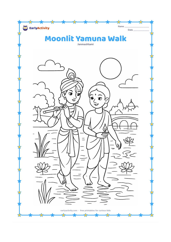 Colouring page: Draw Krishna and one friend walking beside the Yamuna under a full moon, with Krishna carrying a flute and the friend carrying a small lamp. Include reeds, lotus flowers, a bridge,…