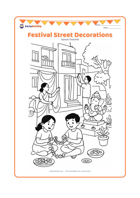 Colouring page: An Indian neighbourhood street is prepared for Ganesh Chaturthi with children making flower strings, adults hanging fabric, a small Ganesha idol on a platform, diyas and potted plants.…