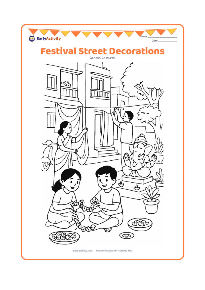 Colouring page: An Indian neighbourhood street is prepared for Ganesh Chaturthi with children making flower strings, adults hanging fabric, a small Ganesha idol on a platform, diyas and potted plants.…