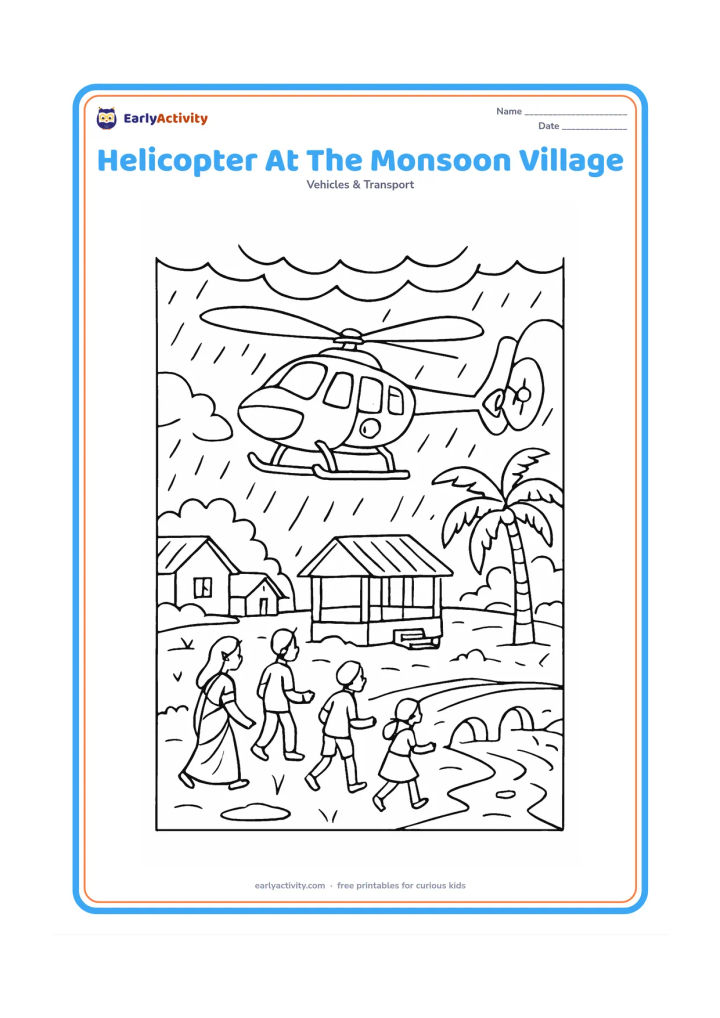 Colouring page: Draw a rescue helicopter hovering above an Indian village during gentle monsoon rain while villagers move toward a raised safe shelter. Include palm trees, puddles, a small bridge and…