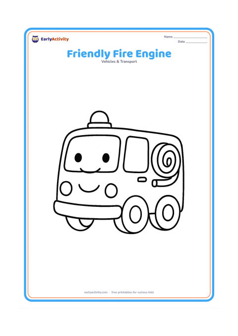 Colouring page: Draw a cheerful fire engine facing slightly forward, with two large wheels, broad windows, a roof light and a neatly coiled hose. Keep the background empty so the vehicle has large,…