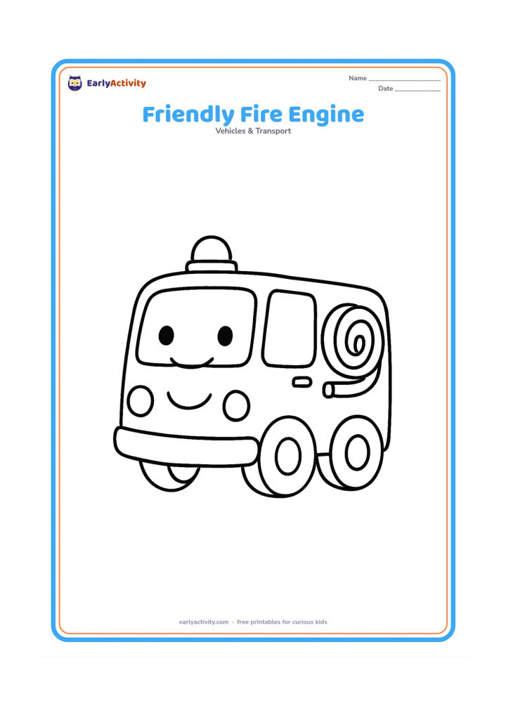 Colouring page: Draw a cheerful fire engine facing slightly forward, with two large wheels, broad windows, a roof light and a neatly coiled hose. Keep the background empty so the vehicle has large,…