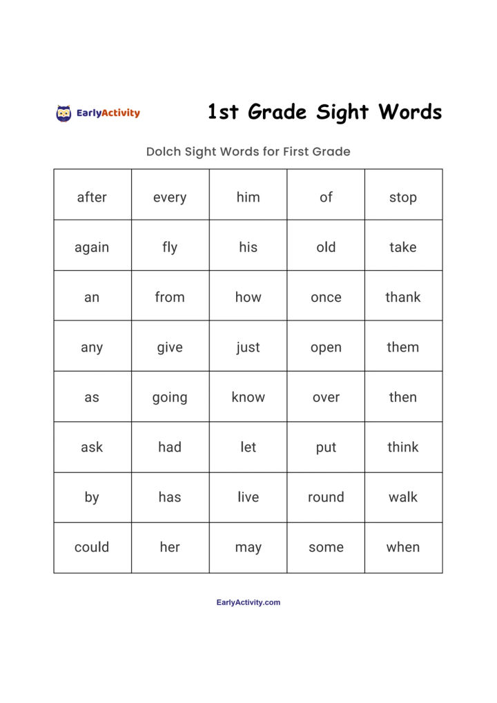 Worksheet showing a grid of common first-grade sight words, including after, every, him, stop, again, and many more.