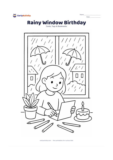Worksheet: Show a child making a birthday card at a window during gentle rain, with a blank card, coloured pencils, a potted plant and a small cake on the desk. Outside, include raindrops,…
