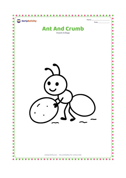 Colouring page: One ant pulls a large bread crumb along a short path. Add a few simple ground marks and plenty of empty space.