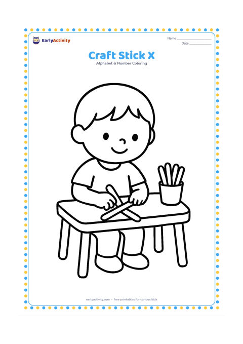 Colouring page: Draw a child sitting at a small table and placing two craft sticks across each other to make an X shape. Show a small cup holding extra sticks.