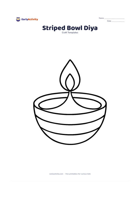 Worksheet: A single diya has a rounded bowl divided into several broad curved stripes, with a small flame and a plain background.