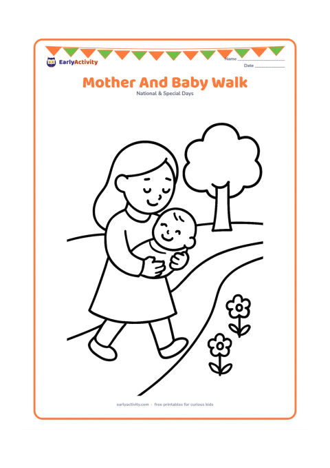 Colouring page: A mother walks while holding a baby safely in her arms, with a broad path, one tree and a few simple flowers. Show the baby smiling and the mother looking down affectionately.