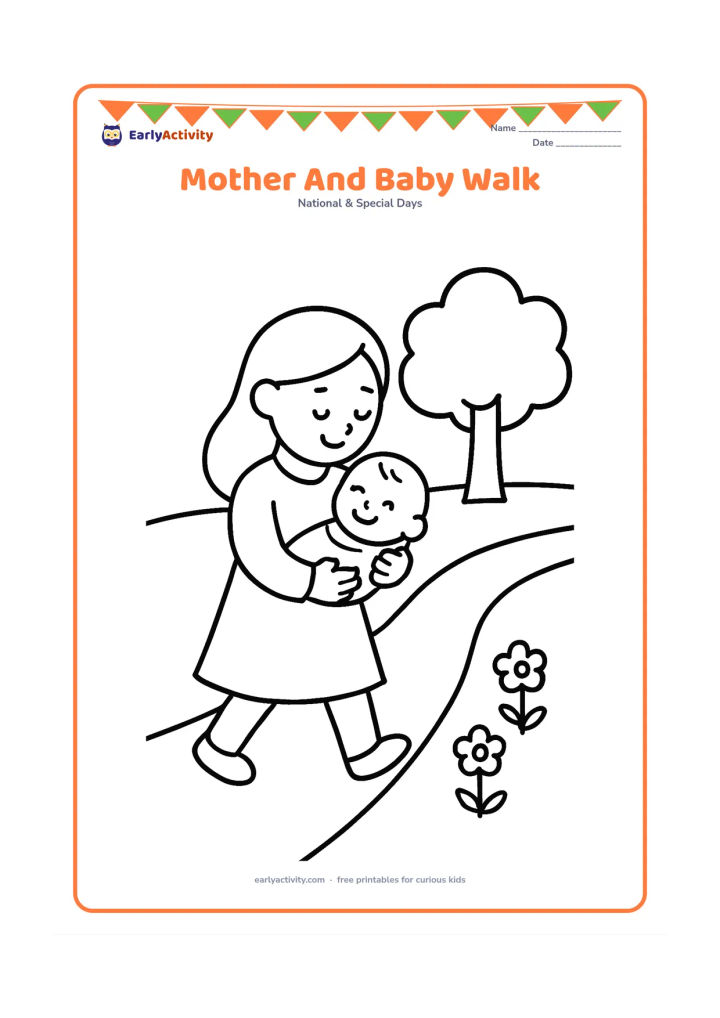 Colouring page: A mother walks while holding a baby safely in her arms, with a broad path, one tree and a few simple flowers. Show the baby smiling and the mother looking down affectionately.
