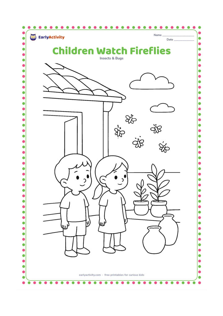 Colouring page: Show two children standing quietly at a safe distance beside an Indian home veranda, watching several fireflies flashing above potted plants. Include a simple doorway, clay pots, a low…