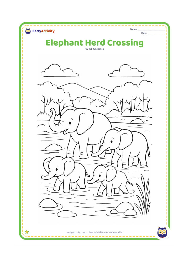 Colouring page: Draw an elephant herd crossing a shallow river, with adults around two calves and trunks raised or lowered in different positions. Add rocks, reeds, river reflections, a wooded bank and…