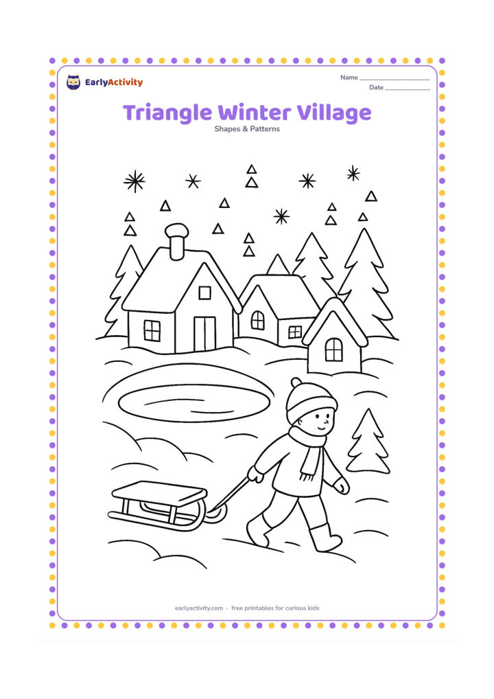 Colouring page: A winter village scene includes snow-covered triangular roofs, a child pulling a sled, pine trees, a frozen pond, and snowflakes made from simple triangle groupings. Show roofs pointing…