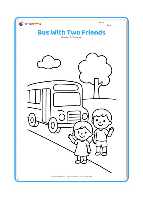 Colouring page: Draw a school bus stopped beside a low pavement, with two cheerful children standing together at a safe distance from the road and waving toward the bus. Add one tree and a simple cloud.