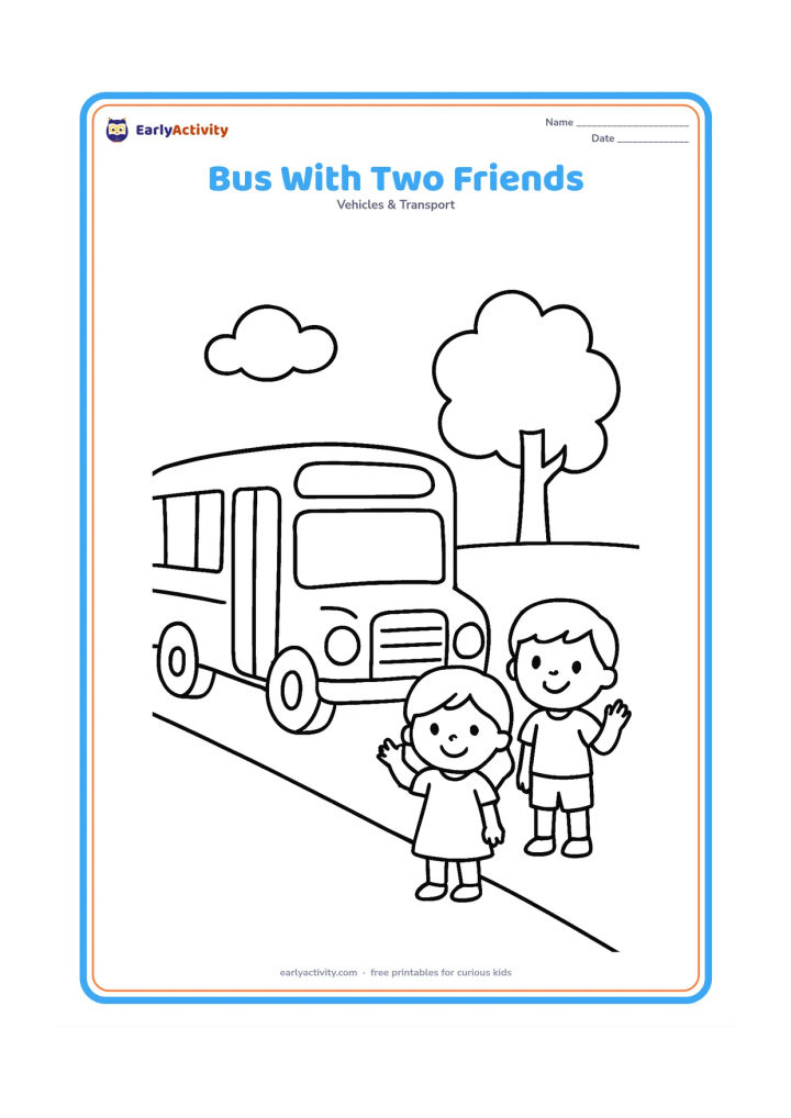Colouring page: Draw a school bus stopped beside a low pavement, with two cheerful children standing together at a safe distance from the road and waving toward the bus. Add one tree and a simple cloud.