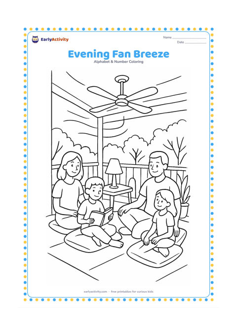 Colouring page: Draw a family relaxing on a veranda at evening while a ceiling fan turns overhead, with floor cushions, potted foliage, a table lamp and an open view of trees outside. Show gentle curved…